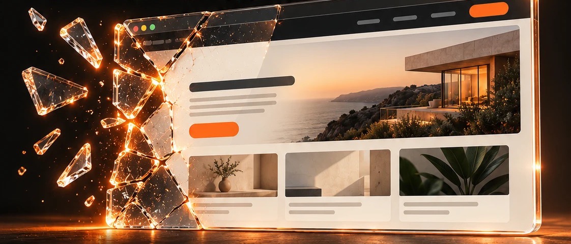 A website in a glass browser window, shattering at one edge